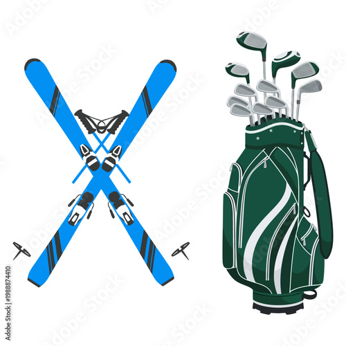 Set of Ski Equipment and Golf Bag with Clubs on White Background