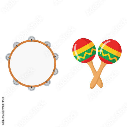 Set of Two Musical Instruments Tambourine and Maracas, Isolated on White Background