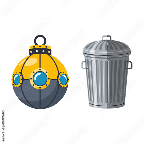 Submarine Ornament and Trash Can illustration on white background