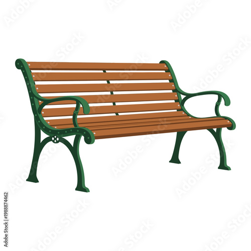 Classic wooden park bench with ornate green cast iron legs isolated on white