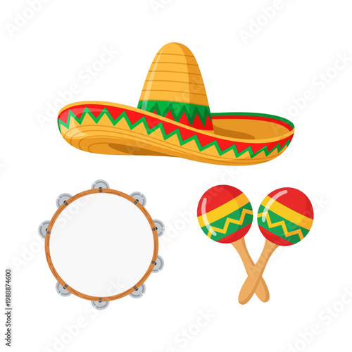 Bright fiesta essentials a classic sombrero, cheerful maracas, and a musical tambourine