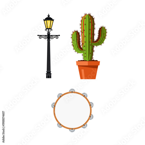Street lamp, potted cactus, and tambourine musical instrument on white background