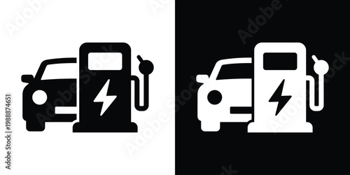 Vector icon set of a car at an electric vehicle charging station. Represents green energy transport and modern infrastructure. Clean, isolated black and white design for automotive apps.