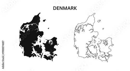 A black and white depiction of denmark s shape showing both filled and outline versions