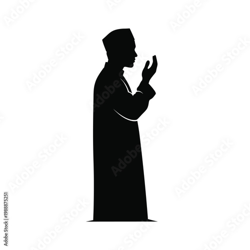 A silhouette of a man in traditional Islamic attire praying with his hands raised to the sky.