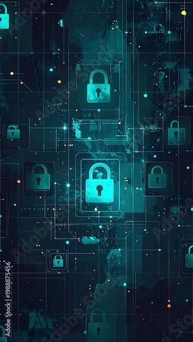 Digitized depiction of cybersecurity, featuring glowing padlocks overlaid on a network grid, suggesting digital protection. Silhouettes appear in the background