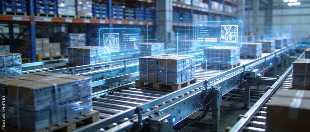 Fototapeta premium An automated conveyor belt system transports boxes in a modern industrial warehouse with digital projections.