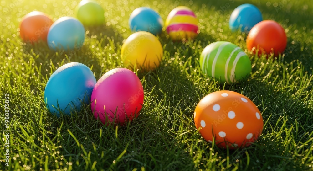 Fototapeta premium Colorful Easter eggs on green grass.