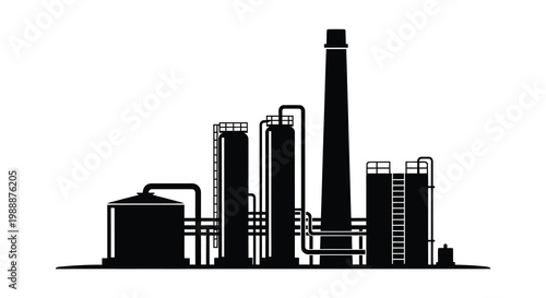 A black and white silhouette depicts an industrial complex with smokestacks and various processing structures