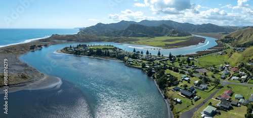 Photos Aerial view of the coastal settlement of Marokopa, Waikato, New Zealand