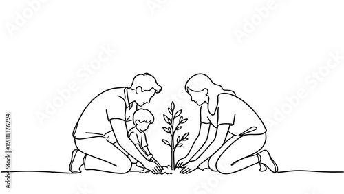 Line Art Parents Planting Tree Together Environment Theme for Sustainability and Family Activity PNG