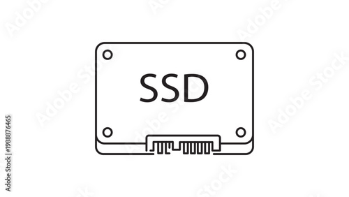 SSD Drive Solid State Drive Minimalist Black Line Vector Icon on White Background, Representing a Small Rectangular Computer Storage Device with SATA Connector and Editable Stroke for Design.