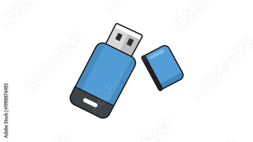 Blue USB Flash Drive Vector Icon Illustration with Editable Stroke. Modern Flat Design Memory Stick with Removable Cap for Data Storage and Technology Projects, Isolated on White Background.