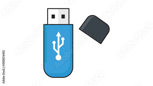 Modern blue USB flash drive vector icon with a removable cap and white USB symbol. Clean flat illustration on white background featuring an editable stroke for adjustable line weight and style.