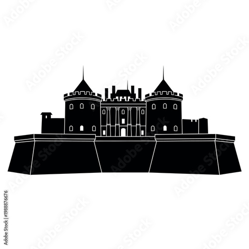 Silhouette of a grand castle with towers and ramparts.