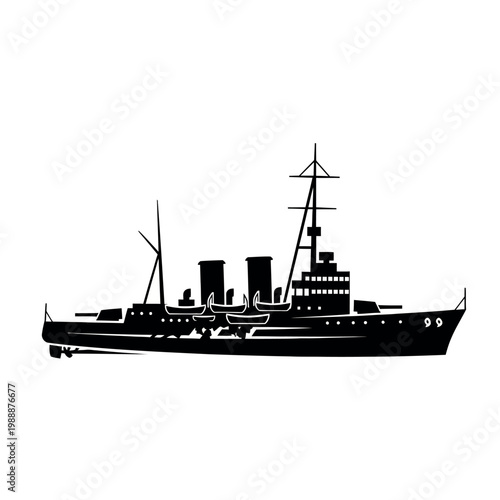 Silhouette of a historical warship with two smokestacks.