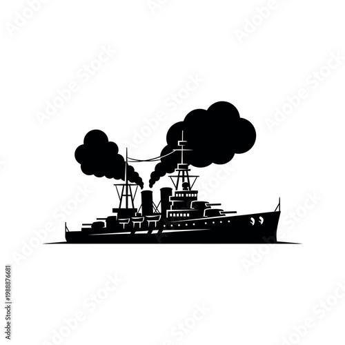 Silhouette of a historical steampowered warship emitting smoke.