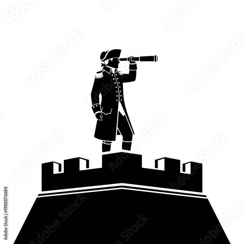 Silhouette of a historical figure with a spyglass on a fortress.