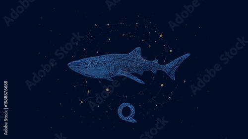 Artistic illustration of a whale shark swimming in deep ocean water with stars