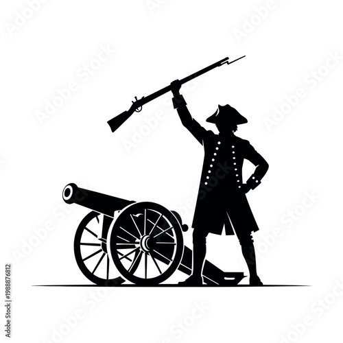 Silhouette of a Revolutionary War soldier with a musket and cannon.