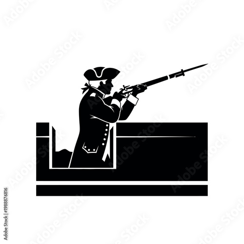 Silhouette of a Revolutionary War soldier aiming a musket from behind a barricade.