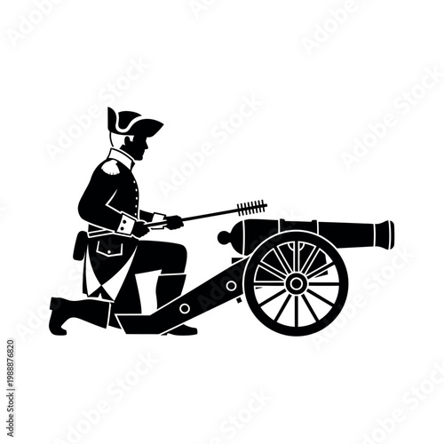 Silhouette of a Revolutionary War soldier loading a cannon.