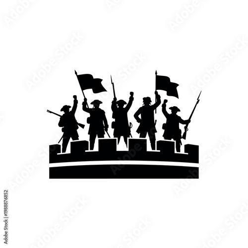 Silhouette of people waving flags on castle wall.