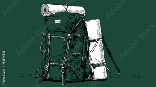 Camping backpack illustration on green background for outdoor adventure concepts