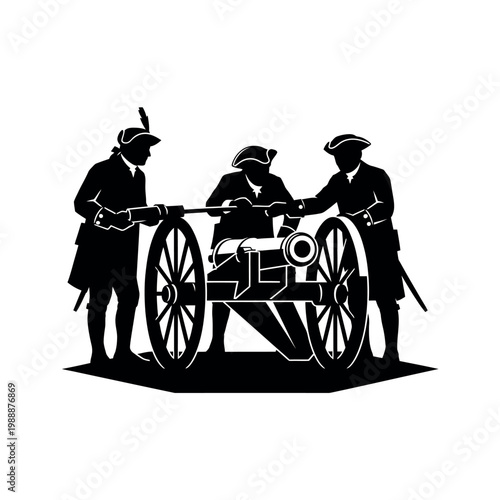 Silhouette of Revolutionary War soldiers operating a cannon.