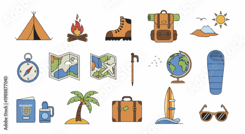 Collection of Travel and Outdoor Adventure Gear and Icons.