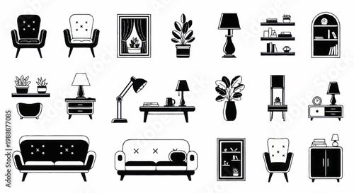 Collection of various black and white furniture and home decor items for interior design.