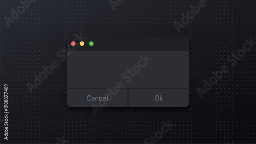 Dark mode computer dialog box with cancel and ok button. Minimalist graphical user interface window element. Digital software interaction design for application development process.