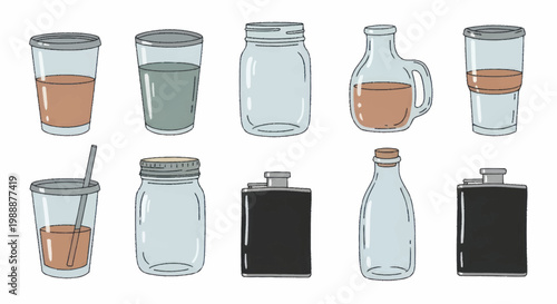 Collection of various glass and metal containers for beverages and storage.