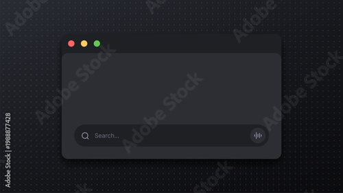 Minimalist dark mode search interface window. Web browser or application frame with input field and voice command icon. Digital user interface design concept for software development.