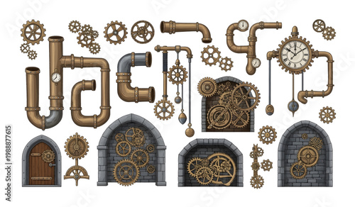 Collection of Steampunk gears and mechanical parts.