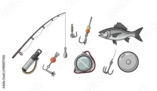 Collection of Fishing gear and tackle equipment set.