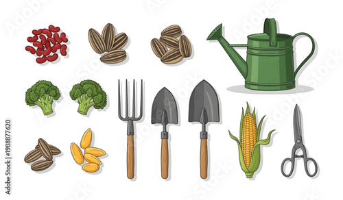 Collection of Gardening tools and vegetables icons set.