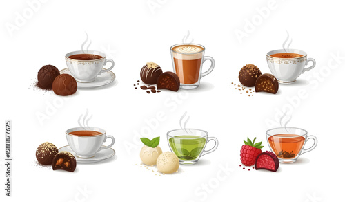 Collection of Tea cups with various sweet treats.