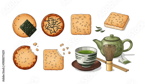 Collection of Japanese rice crackers and green tea.