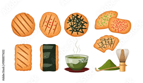 Collection of Variety of Japanese rice crackers.