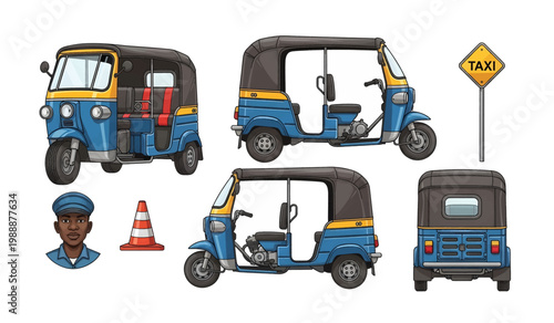 Collection of Blue Tuk Tuk Auto Rickshaw Vehicle.