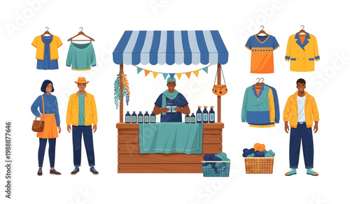 Collection of People selling and buying clothing.