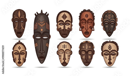 Collection of African tribal wooden face masks collection.