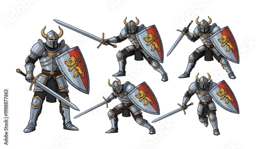 Collection of medieval knight warriors fighting