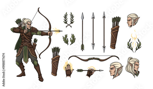 Collection of Medieval Archer with Bow and Arrows.