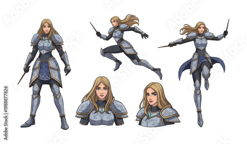 Collection of Female warrior in armor poses.