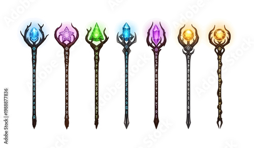 Collection of Colorful fantasy wands in row.