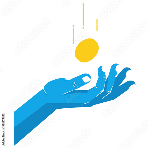 Blue Hand Catches Falling Golden Coin