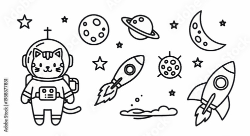 Cute Astronaut Cat and Space Elements Outline Set.