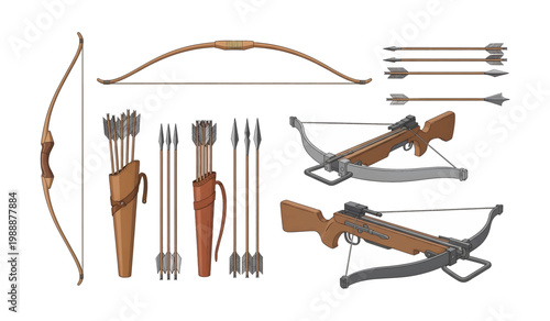 Collection of Crossbows and Arrows for Hunting.